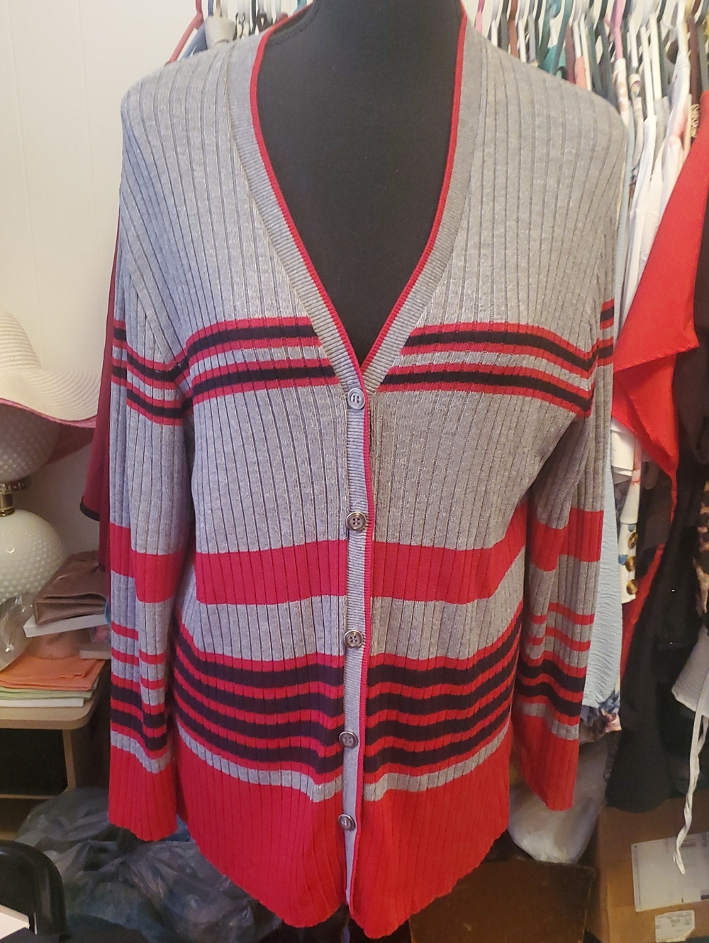 Striped V-Neck Button-Front Cardigan in Gray and Red